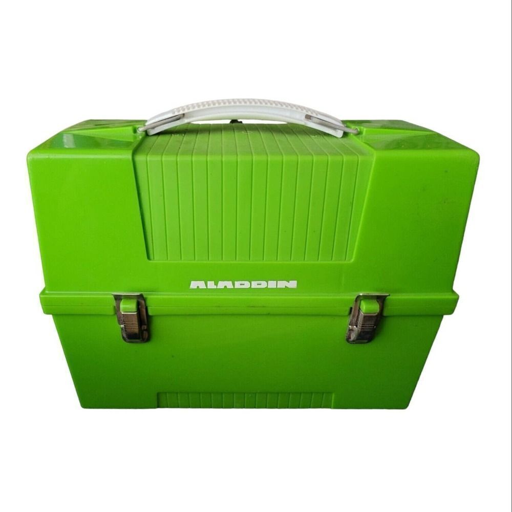 Vintage Aladdin Green Plastic Lunchbox Lunch Pail & Geometric Style Thermos